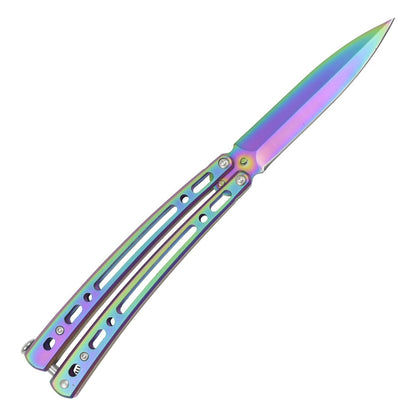 Coltello Butterfly Rainbow Lama In Acciaio, Manico Traforato