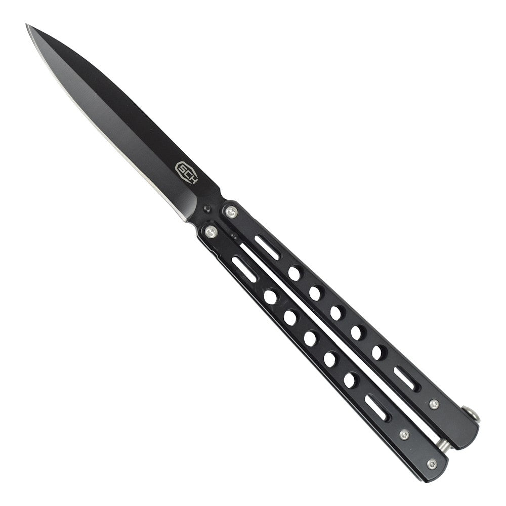 Coltello Butterfly Lama In Acciaio, Manico Traforato Colore Nero