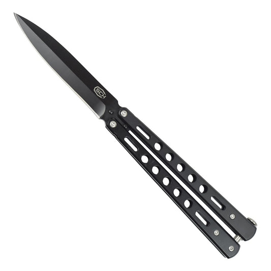 Coltello Butterfly Lama In Acciaio, Manico Traforato Colore Nero
