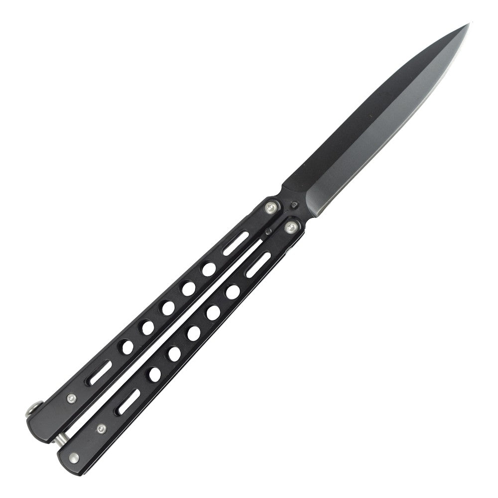 Coltello Butterfly Lama In Acciaio, Manico Traforato Colore Nero