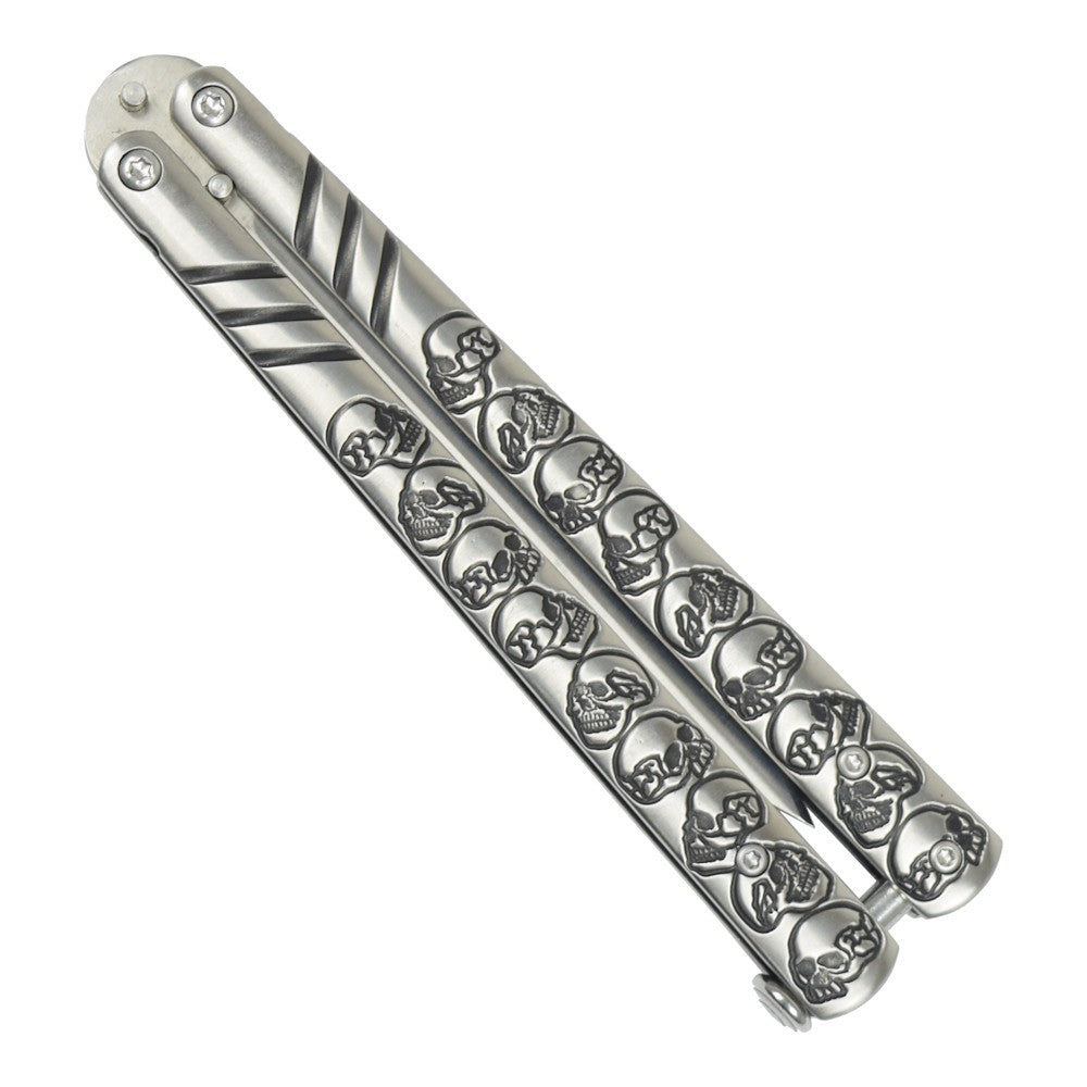 Coltello Butterfly Con Teschi Lama In Acciaio, Manico Lavorato