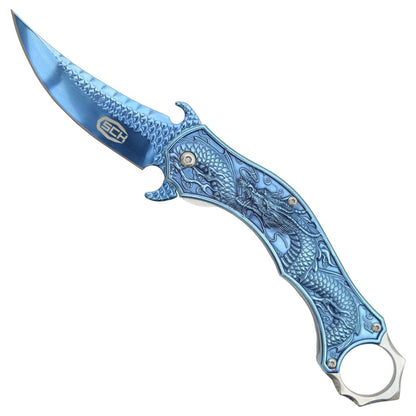 Coltello Karambit Dragon Blu Apertura Lama Assistita Impugnatura in Alluminio