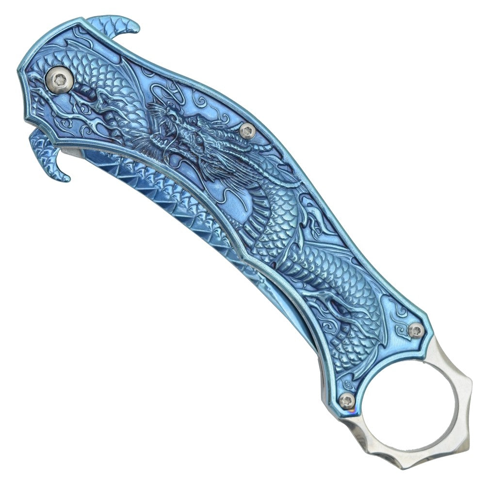Coltello Karambit Dragon Blu Apertura Lama Assistita Impugnatura in Alluminio