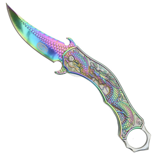 Coltello Karambit Dragon Rainbow Apertura Lama Assistita Impugnatura in Alluminio