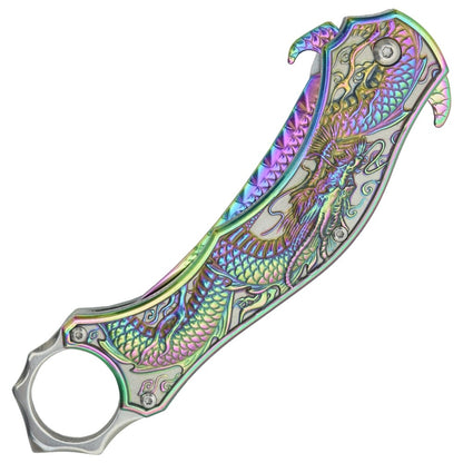 Coltello Karambit Dragon Rainbow Apertura Lama Assistita Impugnatura in Alluminio