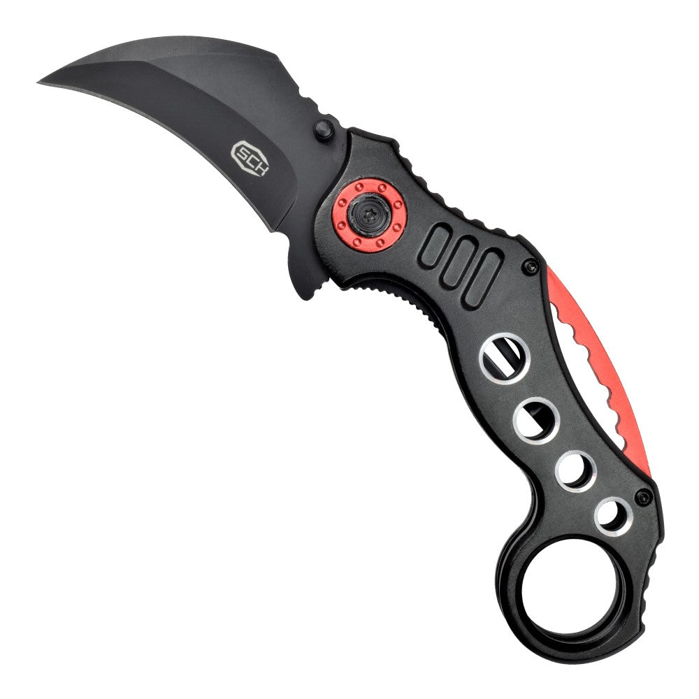 Coltello Karambit nero-rosso Apertura Lama Assistita Impugnatura in Alluminio