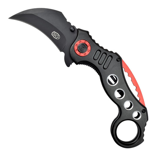 Coltello Karambit nero-rosso Apertura Lama Assistita Impugnatura in Alluminio