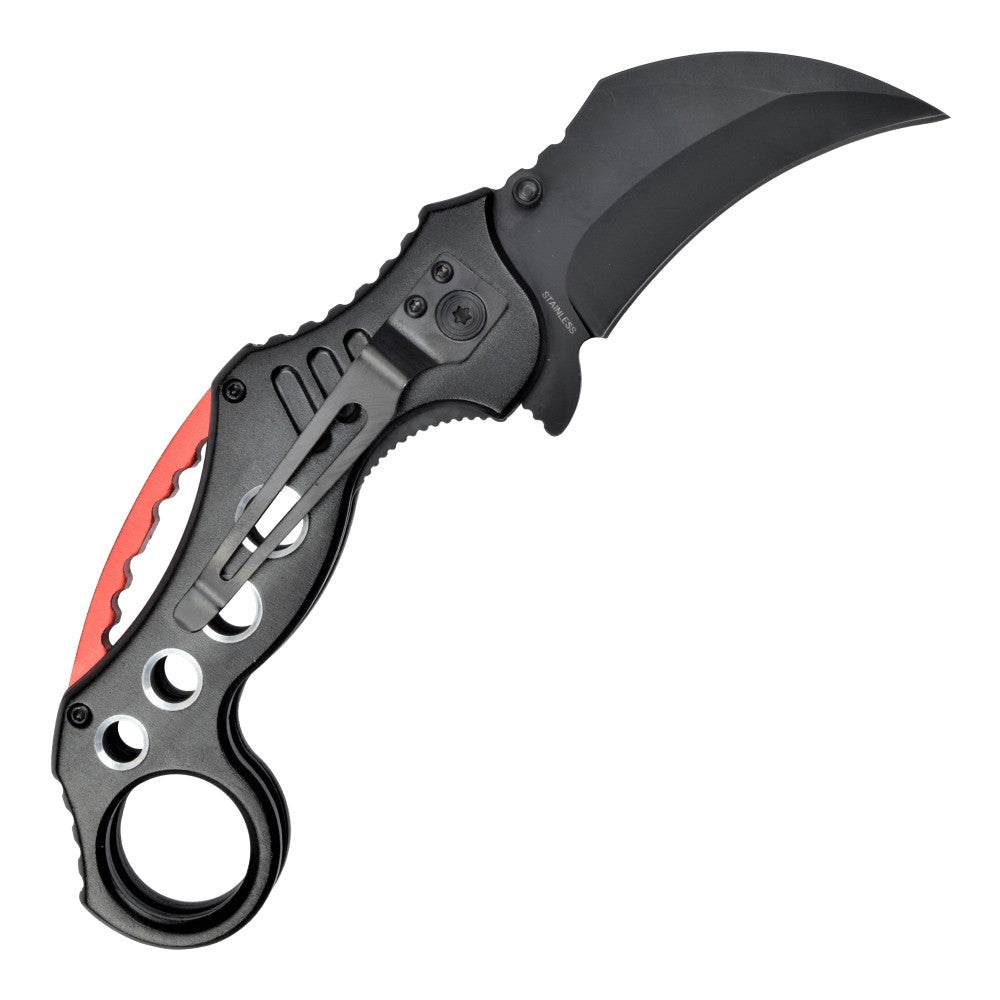 Coltello Karambit nero-rosso Apertura Lama Assistita Impugnatura in Alluminio