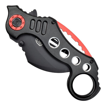 Coltello Karambit nero-rosso Apertura Lama Assistita Impugnatura in Alluminio