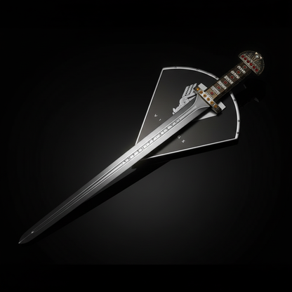 Spada Vikings Ragnar con scudo – Sfondo Scuro Piano a Specchio