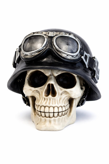 Teschio Militare Tedesco WWII con Casco e Occhiali da Motociclista | Replica in Resina | 13x15x14 cm